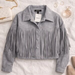 NWT Forever 21 Western Fringe Jacket Cropped Gray Faux Suede Trucker S